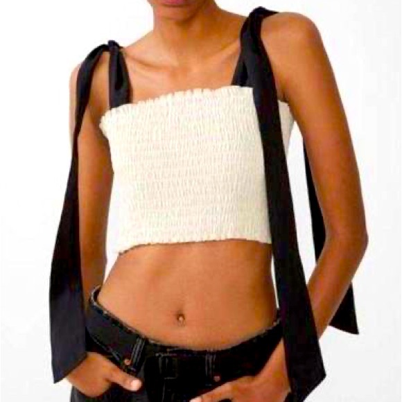 Zara Tops - ZARA Smocked Ribbon Crop Top